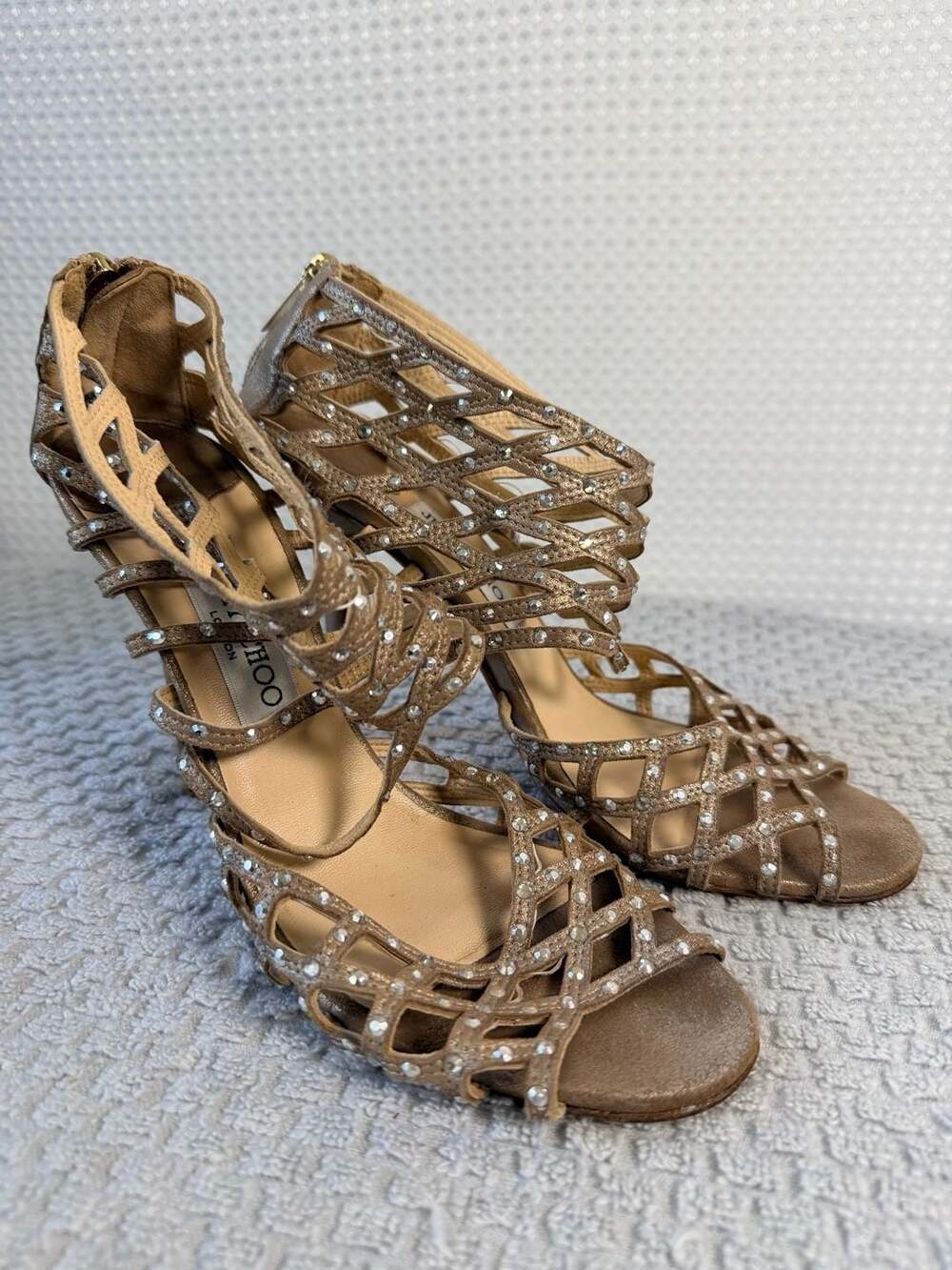 Jimmy Choo Beige Gold Suede Rhinestone Caged Stiletto Sandals Sz 9 - Picture 4 of 12
